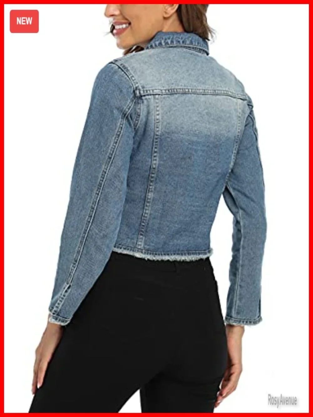Cropped Denim Jacket with Frayed Details and Long Sleeves